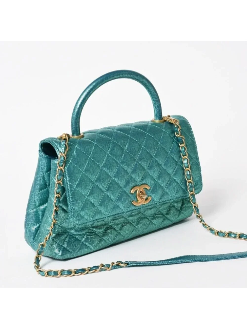 Chanel Coco Handle 29 2-Way Bag CC Logo Caviar Leather Metallic Green Gold